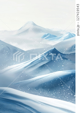 Majestic Winter Landscape with Snowy Peaks and Gently Falling Snowflakes in Serene Blue and White 127419543