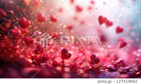 Whimsical Valentine's Day Background with Falling Pink and Red Candy Hearts and Glitter 127419602