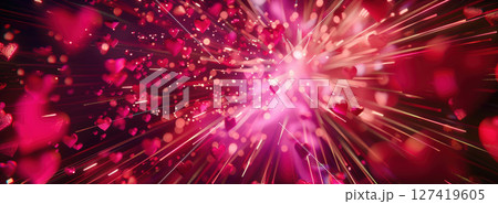 Abstract Valentine's Day Background with Glowing Red and Fuchsia Heart Shapes and Light Trails 127419605