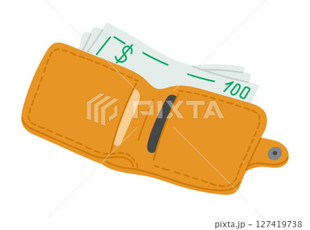 Open wallet with visible cash and stitched 127419738