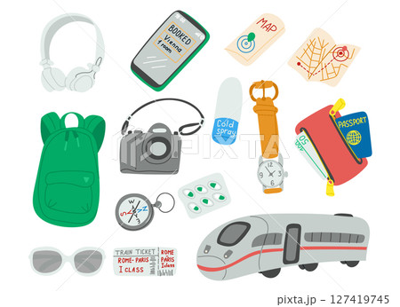 Travel essentials doodle set with backpack 127419745