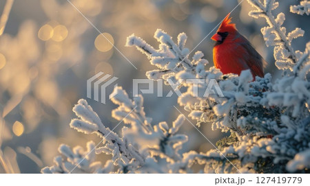 A red cardinal perched on a snowy branch brings cheer to the winter landscape, showcasing the beauty of nature in cold weather. 127419779