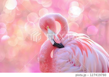 In the heart of a verdant setting, a pink flamingo elegantly navigates the green branches, embodying grace and charm. 127419780