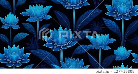 Neon Lotus Flowers and Tropical Leaves on Dark Background 127419809