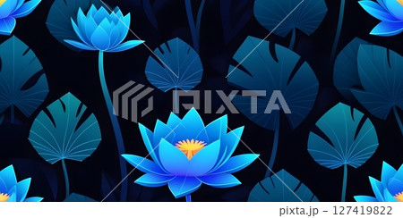 Neon Lotus Flowers and Tropical Leaves on Dark Background 127419822