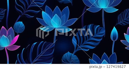 Neon Lotus Flowers and Tropical Leaves on Dark Background 127419827