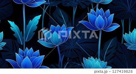 Neon Lotus Flowers and Tropical Leaves on Dark Background 127419828