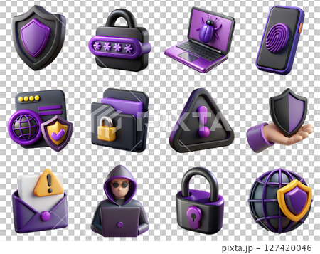 Cybersecurity and data protection 3d icons, digital privacy symbols, secure network elements, tech safety illustration 127420046