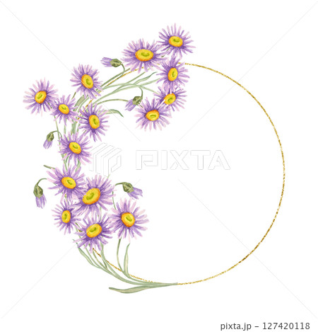 Half circular wreath made of purple asters on a fine gold ring. Wildflower circular card template Watercolor clipart suitable for logo design, product seals, or decorative badges on packaging 127420118