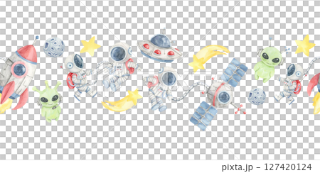A mix of red rockets, astronauts, green aliens, blue satellites, stars, and yellow stars in seamless border watercolor illustration. Perfect for creative projects, blog headers, or kids products 127420124