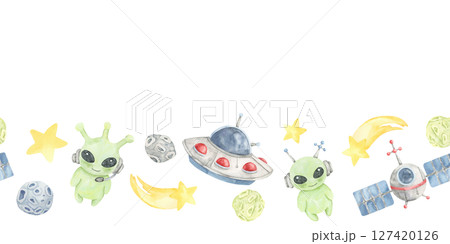Red and blue UFOs, green aliens, yellow stars, and planets in seamless border watercolor clipart. Ideal for kids crafts, greeting cards, party printables, or scrapbook layouts with space themes 127420126