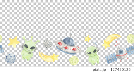 Red and blue UFOs, green aliens, yellow stars, and planets in seamless border watercolor clipart. Ideal for kids crafts, greeting cards, party printables, or scrapbook layouts with space themes 127420126