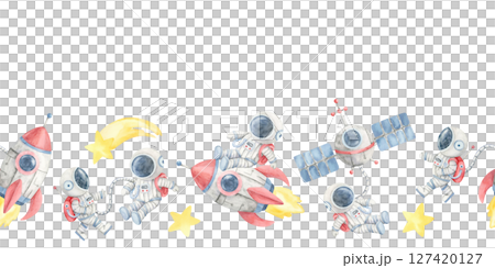 Space explorers, yellow comets, stars, red rockets, and gray satellites in a seamless border watercolor clipart. Use it for printable bookmarks, outer space banners, or nursery design elements Space explorers, yellow comets, stars, red rockets, and gray satellites in a seamless border watercolor clipart. Use it for printable bookmarks, outer space banners, or nursery design elements 127420127