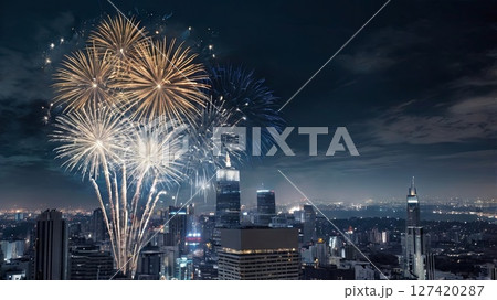 Amazing colorful show of blue fireworks on black background. Celebration concept, banners, cards in blue tones, indigo 127420287