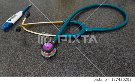 At the check-up to make sure that growth and development are correct. Stethoscope, litmus test, medical props, concept of check-up, health check 127420298