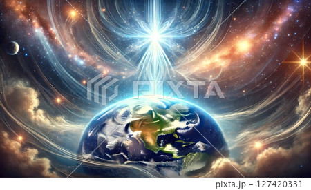 宇宙を背景に、地球の上で輝く光　ファンタジー、スピリチュアル風 127420331