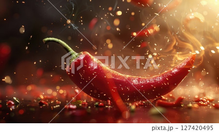A red hot pepper pops against a backdrop of fire, its intense color reflecting the heat and flavor it brings to dishes. 127420495