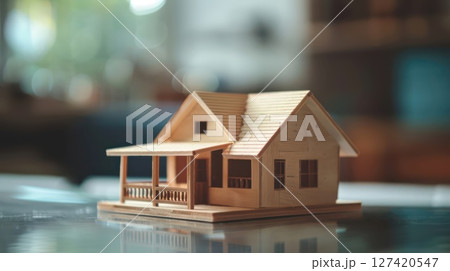 Close-up of a small house model on a table during a property consultation, highlighting home buying 127420547
