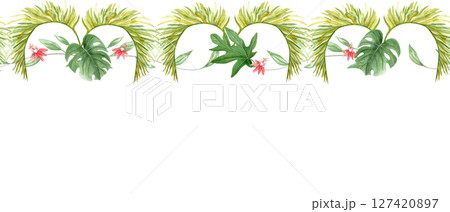 Tropical vines, palm, monstera leaves, passion flowers watercolor seamless border isolated on white. Perfect for branding, wedding invitations, packaging, fabric prints, summer design projects Tropical vines, palm, monstera leaves, passion flowers watercolor seamless border isolated on white. Perfect for branding, wedding invitations, packaging, fabric prints, summer design projects 127420897