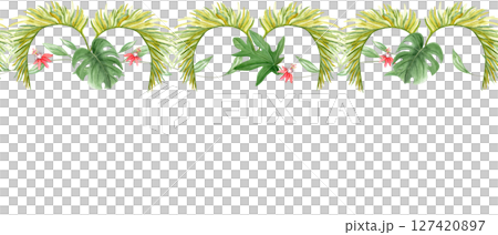 Tropical vines, palm, monstera leaves, passion flowers watercolor seamless border isolated on white. Perfect for branding, wedding invitations, packaging, fabric prints, summer design projects Tropical vines, palm, monstera leaves, passion flowers watercolor seamless border isolated on white. Perfect for branding, wedding invitations, packaging, fabric prints, summer design projects 127420897