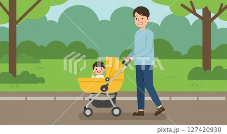 父親がベビーカーを押して公園を散歩する育児風景 127420930