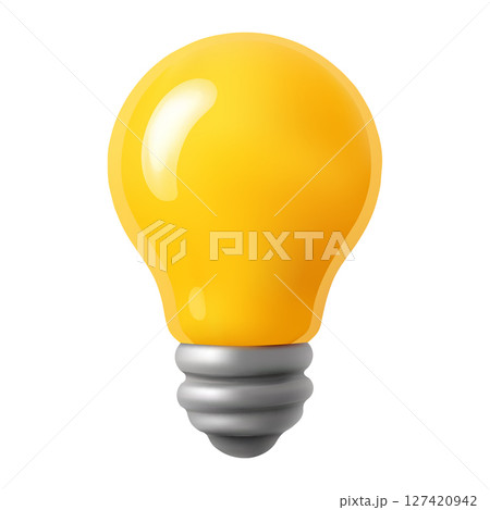 Realistic 3D yellow light bulb with metallic base on white background. Symbol of innovation, ideas, energy, and creativity. High-quality icon style illustration. Realistic 3D yellow light bulb with metallic base on white background. Symbol of innovation, ideas, energy, and creativity. High-quality icon style illustration. 127420942