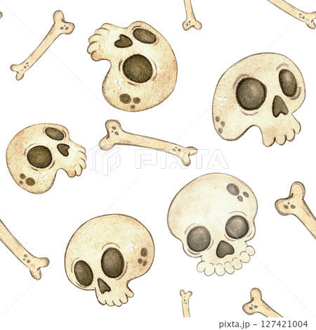Skulls and bones seamless pattern. Watercolor hand drawn illustration, cartoon. Design for stickers, scrapbooking, cards. holiday, day of the dead, halloween, skull, skeleton, bone, human, pirate 127421004