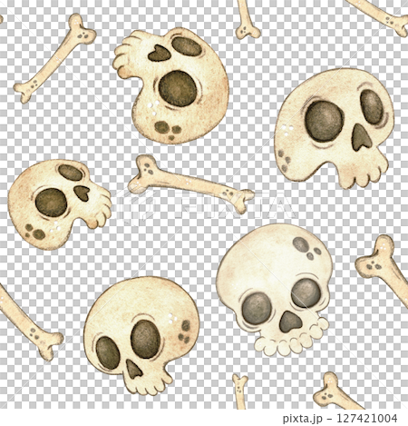 Skulls and bones seamless pattern. Watercolor hand drawn illustration, cartoon. Design for stickers, scrapbooking, cards. holiday, day of the dead, halloween, skull, skeleton, bone, human, pirate Skulls and bones seamless pattern. Watercolor hand drawn illustration, cartoon. Design for stickers, scrapbooking, cards. holiday, day of the dead, halloween, skull, skeleton, bone, human, pirate 127421004