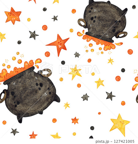 Seamless pattern of a cauldron with juice among stars and confetti. Watercolor illustration hand drawn, cartoon. Drawing for stickers, scrapbooking, cards. holiday, halloween, cauldron, witch Seamless pattern of a cauldron with juice among stars and confetti. Watercolor illustration hand drawn, cartoon. Drawing for stickers, scrapbooking, cards. holiday, halloween, cauldron, witch 127421005