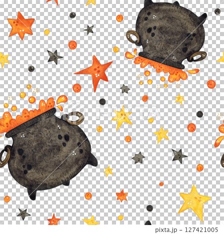 Seamless pattern of a cauldron with juice among stars and confetti. Watercolor illustration hand drawn, cartoon. Drawing for stickers, scrapbooking, cards. holiday, halloween, cauldron, witch Seamless pattern of a cauldron with juice among stars and confetti. Watercolor illustration hand drawn, cartoon. Drawing for stickers, scrapbooking, cards. holiday, halloween, cauldron, witch 127421005