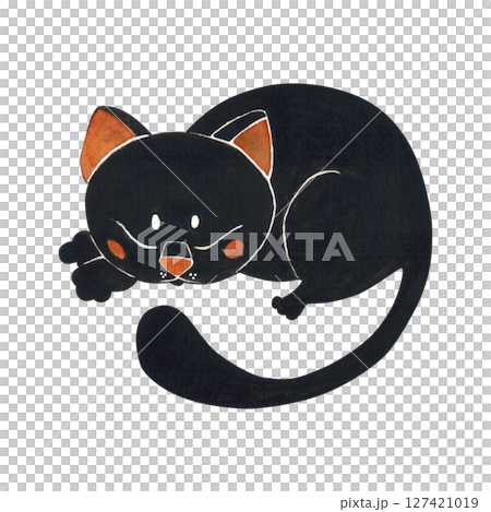 Sleeping black cat with tail hanging down 127421019