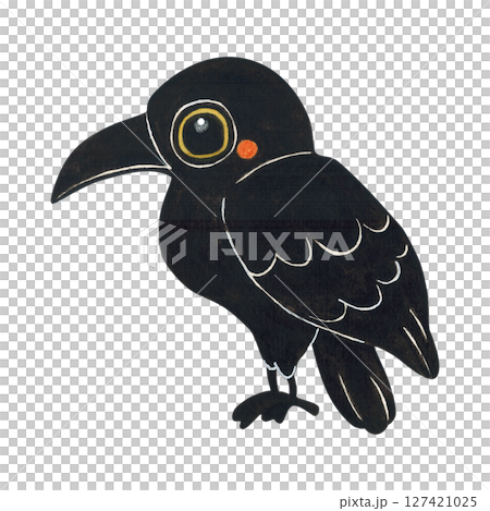 Black Raven Sitting in Profile for Halloween. Cartoon Watercolor Illustration Hand Drawn, Cartoon. Design for Stickers, Scrapbooking. Animals, Bird, Black, Crow, Raven, Halloween, Holiday, Decoration 127421025