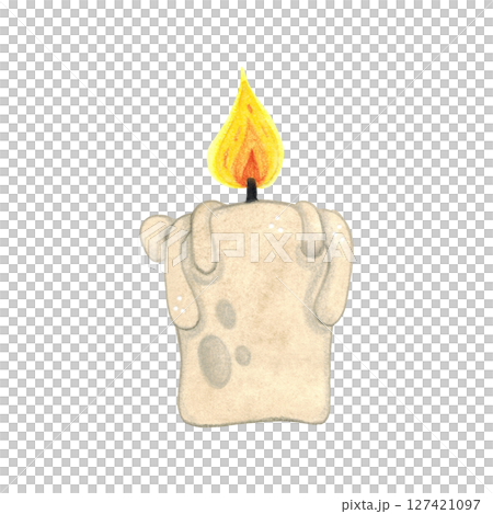 Small candle with burning fire, halloween decoration. Cartoon watercolor illustration hand drawn, cartoon. Drawing for stickers, scrapbooking. Candle, stub, light, wax, flame, fire, halloween Small candle with burning fire, halloween decoration. Cartoon watercolor illustration hand drawn, cartoon. Drawing for stickers, scrapbooking. Candle, stub, light, wax, flame, fire, halloween 127421097
