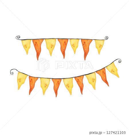 Set of two garlands, yellow and orange flags on a black thread 127421103