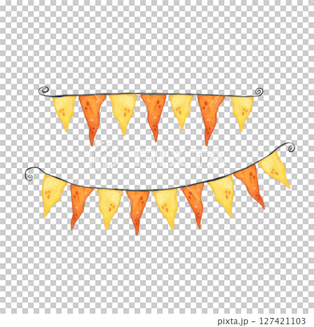 Set of two garlands, yellow and orange flags on a black thread 127421103