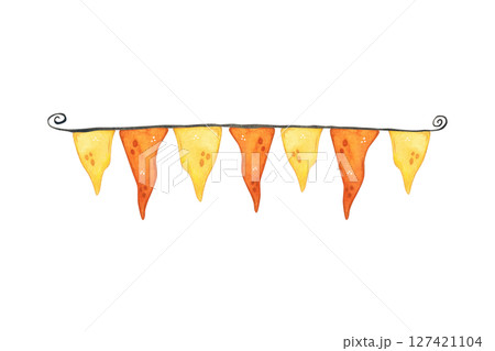 Garland of yellow and orange flags of the tegumentary shape on a black thread 127421104