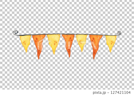 Garland of yellow and orange flags of the tegumentary shape on a black thread 127421104