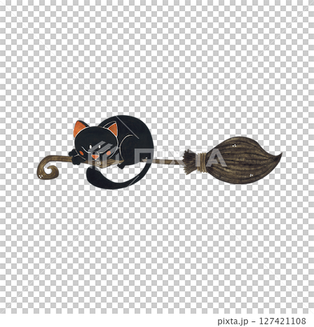 Cute black cat sleeping on a hovering broom. Watercolor illustration hand drawn, cartoon. Drawing for stickers, scrapbooking, cards. holiday, halloween, cat, animal, witch, broom, hat Cute black cat sleeping on a hovering broom. Watercolor illustration hand drawn, cartoon. Drawing for stickers, scrapbooking, cards. holiday, halloween, cat, animal, witch, broom, hat 127421108