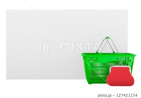 Blank white card with shopping basket and red coin purse. 3D rendering Blank white card with shopping basket and red coin purse. 3D rendering 127421154