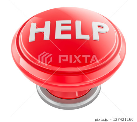 HELP red round push button, emergency or assistance concept. 3D rendering 127421160