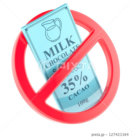 Prohibition sign with milk chocolate bar. 3D rendering Prohibition sign with milk chocolate bar. 3D rendering 127421164