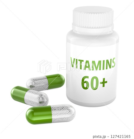 Vitamins 60 plus bottle and capsules. 3D rendering Vitamins 60 plus bottle and capsules. 3D rendering 127421165