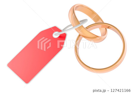 Wedding rings with price tag. Wedding expenses, concept. 3D rendering 127421166