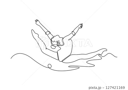 Continuous one line drawing graceful female gymnast jumping in mid air, performing split leap. Elegance and precision in captivating rhythmic gymnastic. Single line design vector graphic illustration Continuous one line drawing graceful female gymnast jumping in mid air, performing split leap. Elegance and precision in captivating rhythmic gymnastic. Single line design vector graphic illustration 127421169