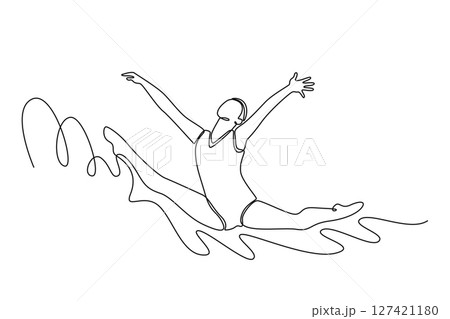 Single continuous line drawing young female gymnast jumping in mid air, performing split leap. Action, motion, sport, motivation, competition. Dynamic one line draw graphic design vector illustration 127421180