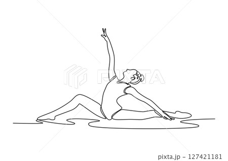 Single continuous line drawing rhythmic gymnastics, female dancing in gym with balance, action with performance and fitness. Competition, tournament. One line draw graphic design vector illustration 127421181
