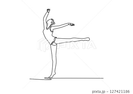 Single one line drawing beauty young gymnast woman stretching and training rhythmic gymnastic. Professional sport, healthy and active lifestyle. Continuous line draw design graphic vector illustration Single one line drawing beauty young gymnast woman stretching and training rhythmic gymnastic. Professional sport, healthy and active lifestyle. Continuous line draw design graphic vector illustration 127421186