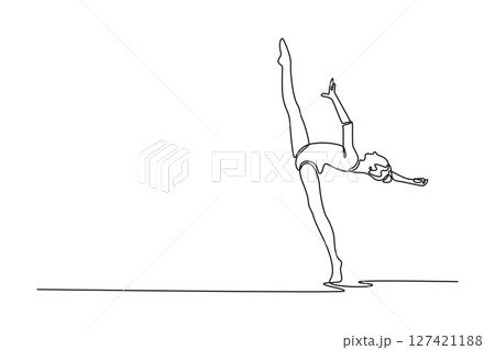 Single one line drawing teenager doing rhythmic gymnastic dance in arena. Fit gymnast dancer sport ballerina athlete perform acrobatic exercise. Continuous line draw design graphic vector illustration 127421188