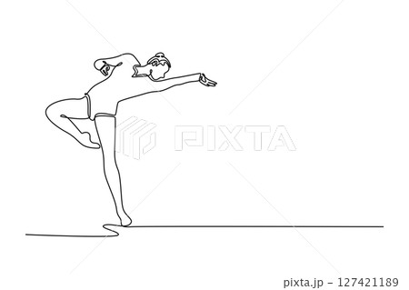 Single one line drawing young female rhythmic gymnastics artist in sportswear training ballet dancing. Grace in motion, action and sport. Modern continuous line draw design graphic vector illustration 127421189