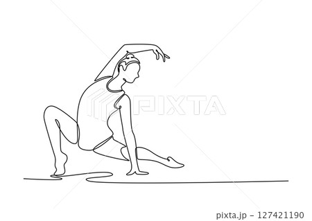 Single one line drawing young female rhythmic gymnast posing and dancing. Beautiful and graceful sports. Motion, grace and flexibility. Modern continuous line draw design graphic vector illustration 127421190
